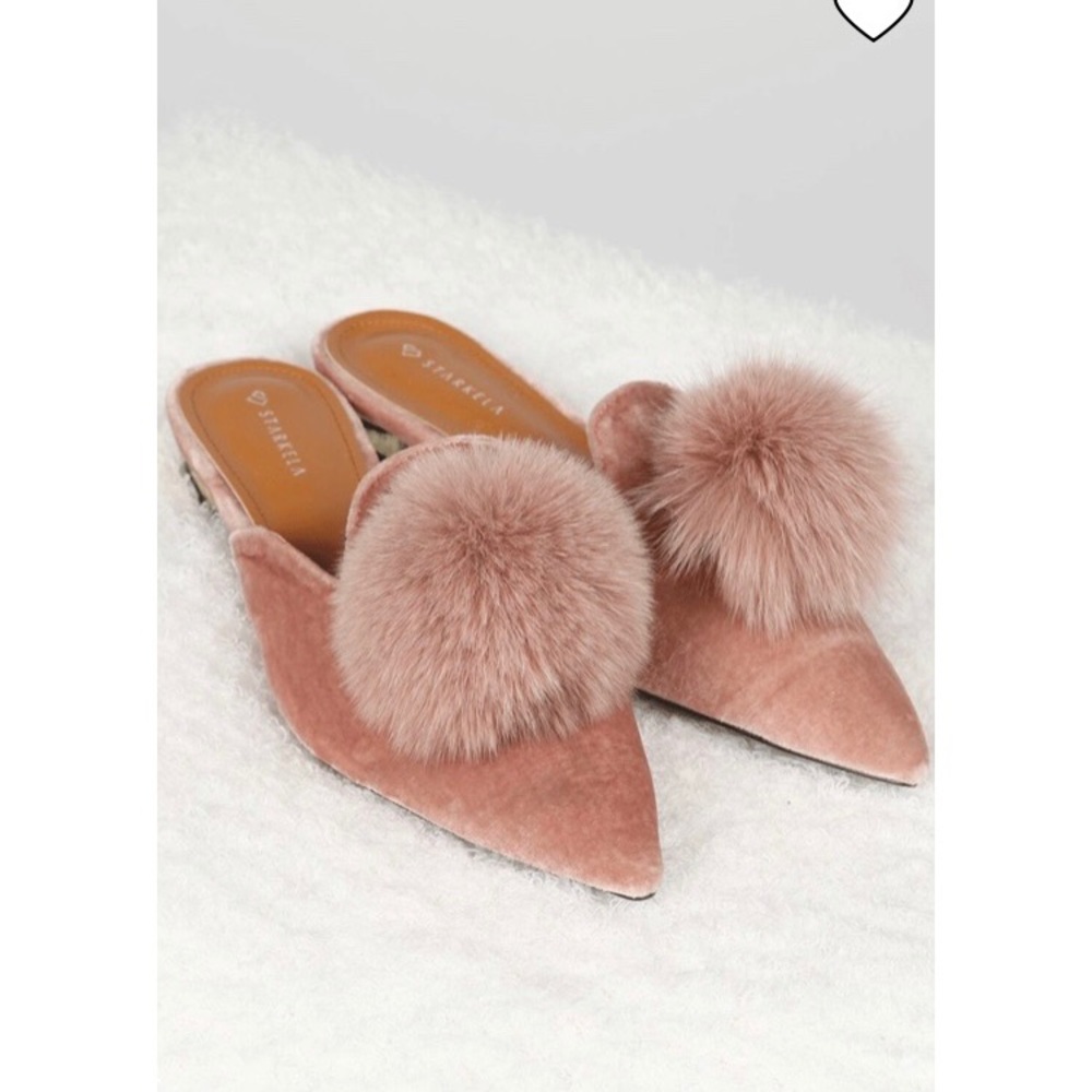 blush velvet pom pointed toe flats